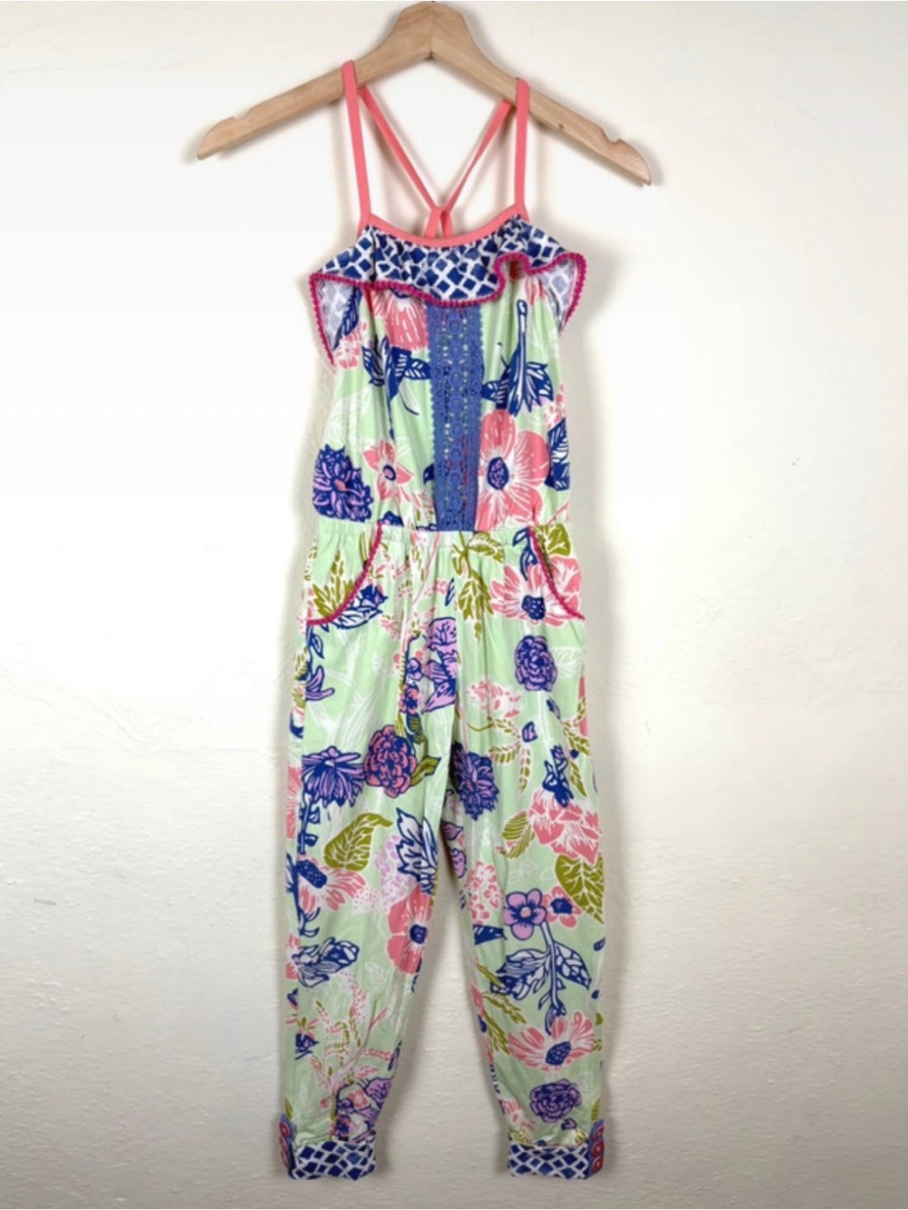 Matilda Jane Girls 8 Floral Jumpsuit Strappy Ruffle Pom Pom Pocket Cuffed Mint⁠